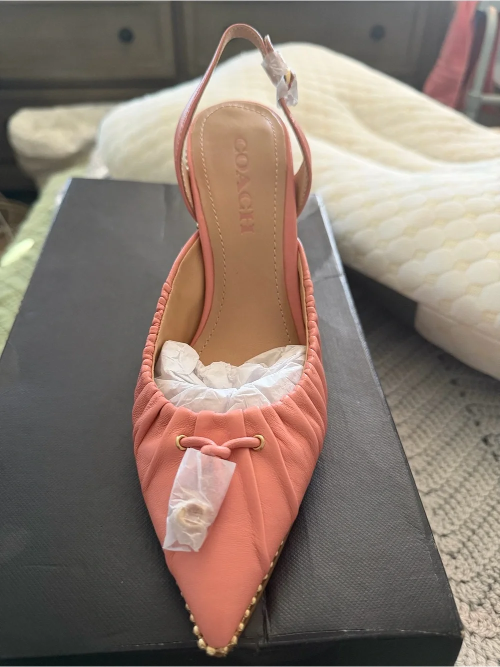 Coach Pink Ruched Pointed Slingback Flats with Stud Trim